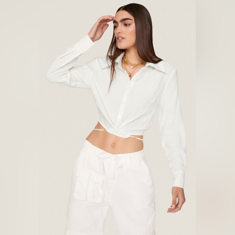 RTR Louna Tie Back Top White Ivory Textured Collared Long Sleeve Size Large